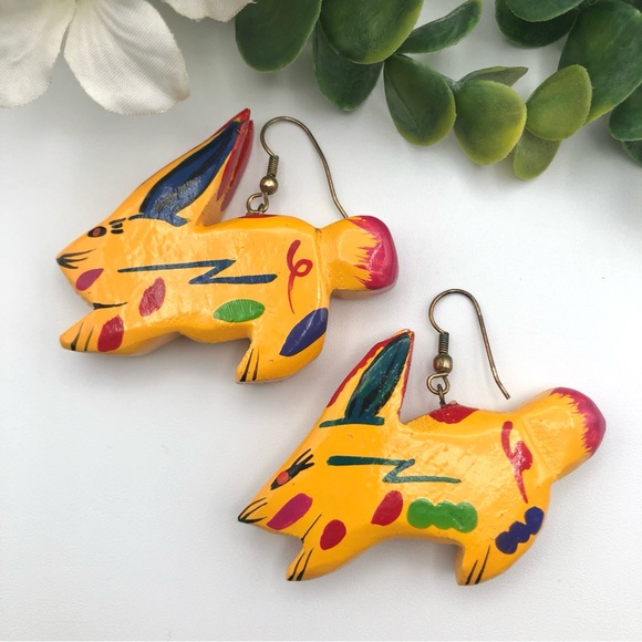 Fashion Jewelry Jewelry - Yellow Carved Wood Rabbit Bright Cute Colorful Fun Dangle Earrings Animal Whimsy